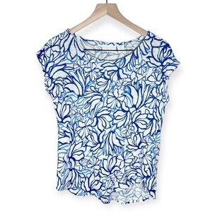 Martha Stewart Floral Linen Top Size Medium Cap Sleeve Blouse Blue White Breezy